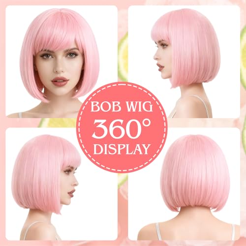 Image of PLULON Pink Bob Wig with Heart Sunglasses for Women Men, Colorful Short Funny Bob Wigs with Bangs Black Hair Cap Colored Cosplay Hairpieces for Christmas Halloween Costume Neon Bachelorette Party