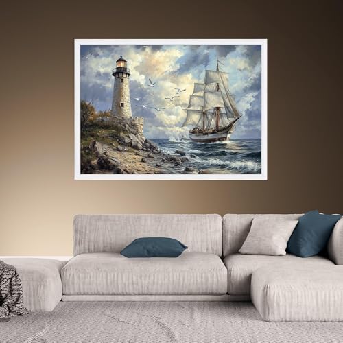 Tableau sur toile phare et voilier vintage en mer marine de 70x100 cm