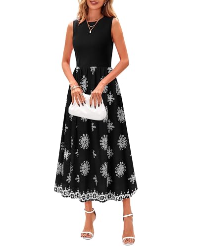 MCKOL Women Sleeveless Crewneck Ruched High Waisted Tank Long Sundress Wedding Guest Cocktail Boho Maxi Dress with Pockets2