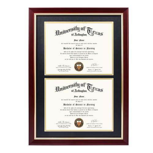 Double Diploma Frame for Two 8.5x11 Certificate with Black over Gold Mat, Solid Wood, UV Protection Acrylic, Cherry Finish with Gold Trim