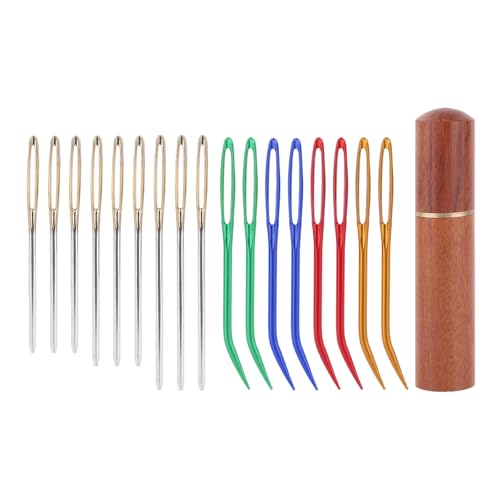 17uds Kit Agujas Coser de Ojo Grande, de Acero Inoxidable Agujas Tapiz Romas y Curvas con Estuche Madera para Proyectos Punto y Ganchillo a Mano