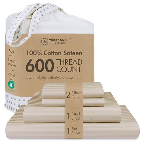 Image of Threadmill 100% Cotton Sheets for Cal King Size Bed - 600 Thread Count Cal King Bed Sheets Set with 16 inch Deep Pocket - Damask Stripe Sateen Weave 4-Piece Bedding Set with Cooling Effect, Beige