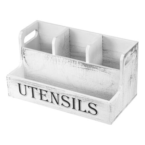 Gran soporte para utensilios de cocina, soporte estable para cubiertos con 4 compartimentos de almacenamiento, organizador de utensilios de madera para mostrador de cocina, cesta de almacenamiento