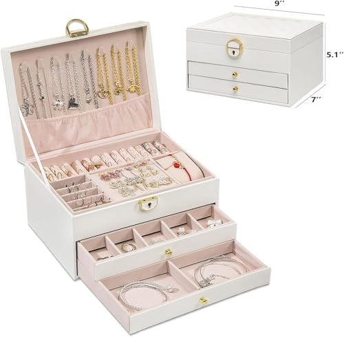 Image of Jewelry Box For Women Girl Wife 3 Layers Large Pu Leather Jewelry Organizer Storage Case With Two Drawers Display For Earrings Bracelets Rings Watches Design Jewelry Box, Jewelry Organizer (White)