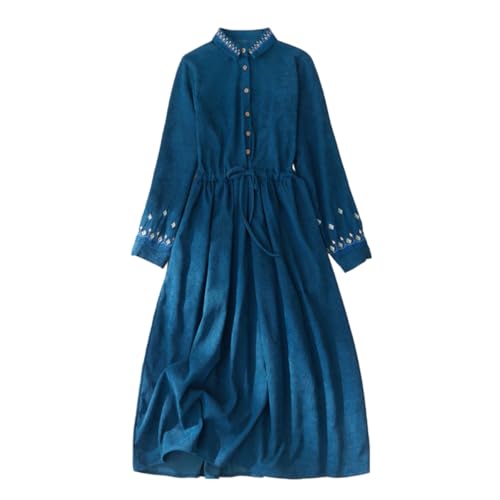 Vintage Cordkleid Damen Hemdblusenkleid mit A-Linie, Midi Kleid, Langarm, mit Stickerei und Taschen Hemdkleid Freizeitkleid (DE/NL/SE/PL,...
