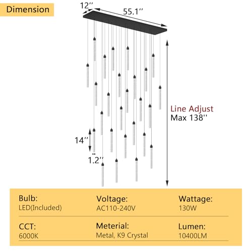 Image of Rectangular Chandeliers 26-Lights Long Light for Entryway LED Dimmable Chandeliers Lighting Fixture Flat Sloped High Ceiling Pendant Lights Crystal for Living Room Foyer Hallway Staircase Black