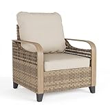 UDPATIO Outdoor Wicker Patio Armchair, PE Rattan Single Sofa Chair with Deep Seating & Water-Resistant Cushions, All-Weather Rattan Lounge Chair for Porch Garden Balcony (Beige)