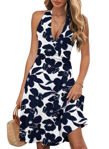 Wkior Womens Sundress Summer Beach Vacation Sleeveless Halter Neck A-Line 2025 Boho Floral Midi Dress with Pockets