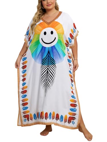 Image of KECVOT Kaftan Dresses for Women V-Neck Print Swimsuit Cover Up Plus Size Beach Caftan Lounge Dress
