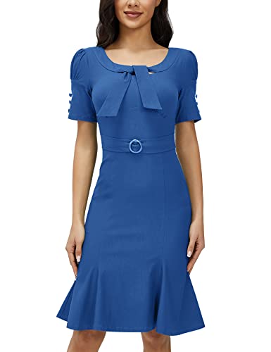 Image of MUXXN Women's Vintage 1950s Midi Crew Neck Short Sleeve Party Cocktail Work Casual Bodycon Dress