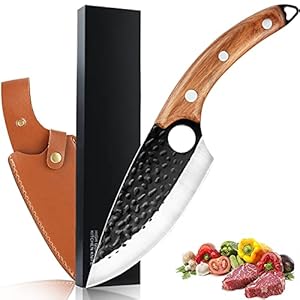Koksmes keukenmes met lederen schede – 6 inch professioneel met de hand gesmeed anti-aanbak-uitbeenmes, hakmes outdoor…