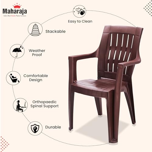 Image of MAHARAJA Premium Heavy Duty Plastic Chairs with Arm Rest|200Kg Capacity (Brown,Pack of 4)