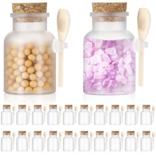 FoldTier 24 Pcs Small Jars with Spoons and Cork Lid Plastic Jar Bulk Bath Salt Jars 3.4 oz Mini Clear Food Storage Containers Kitchen Canisters Wedding Birthday Favor for Candy Spices Honey Tea Coffee by FoldTier - Used condition - US$28.49