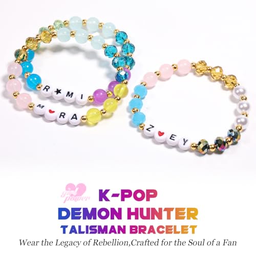 AICase for Kpop Demon Hunters Merch Rumi Zoey Mira Inspired Bracelets 3 Pcs Stackable Stretch Friendship Beaded Crystal Bracelets for Huntrix k pop Unique Merchandise Jewelry Gifts for Fans Women_693