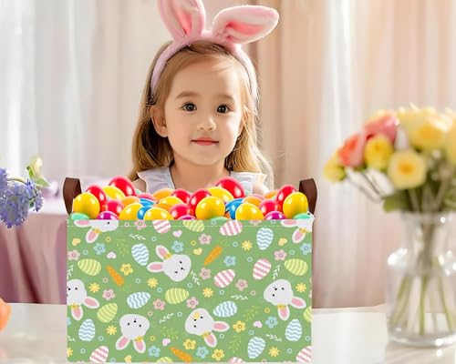 Image of Large Rectangular Easter Baskets Empty Waterproof Boy Toy Box Foldable Kid's Gifts Storage Bin Spring Room Decor(Flower Carrot Rabbit Egg)