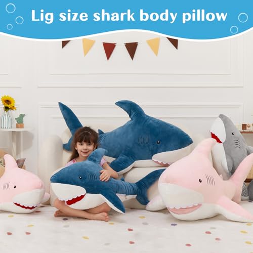 Image of MorisMos 39inch Giant Shark Stuffed Animal, Large Stuffed Shark Plush Toys Pillow Gift for Kids Girlfriend, Blue