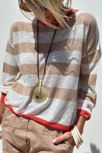 Women's Apricot Colorblock Striped Round Neck Drop Shoulder Sweater2