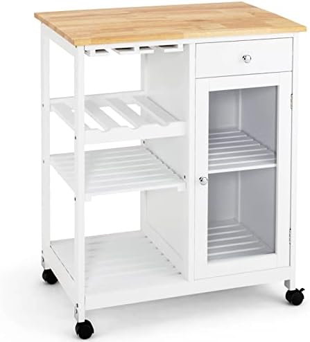 COSTWAY Kitchen Island on Wheels, Mobile Storage Trolley with Wine Rack, Glass Holder, Transparent Cabinet, Rubber Wood Top, Drawer & Open Shelves, Utility Serving Cart for Dining Room Bar