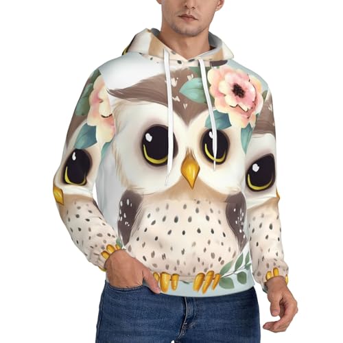FHEBNDS Men's Fleece-Lined Hoodie Pullover Cute Owl with Flowers Hoodies Casual Winter Hooded S