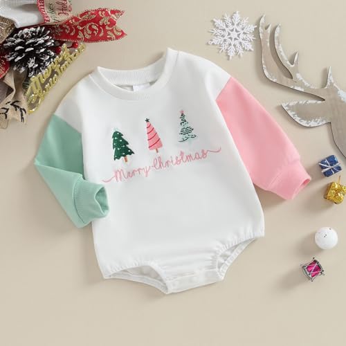 Baby Christmas Outfit Newborn Onesie Girl Color Block Long Sleeve Sweatshirt Romper Embroidery Christmas Tree Clothes2