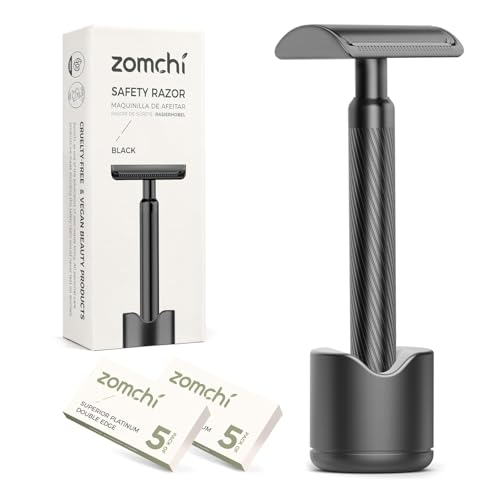 ZOMCHI Double Edge Safety Razor with Razor Stand, [New Version 2.0 ] Men’s Metal Razor with 10 Safety Razor Blades for Men & Women - Matte Black