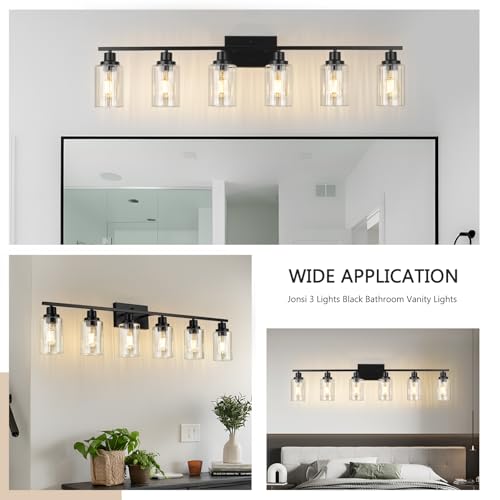 Image of Jonsi Modern Black Bathroom Light Fixtures, 6-Light Modern Black Vanity Light, Bathroom Vanity Light with Stripe Glass Shade, E26 Wall Sconces Over Mirror for Bathroom, Living Room, Hallway