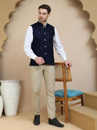 Image of Men's Sequins Velvet Nehru Jacket (Navy Blue, XL)