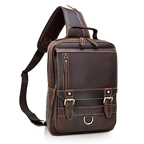 Thick Full Grain Leather Sling Bag Shoulder Backpack Travel Rucksack Casual Crossbody Bag