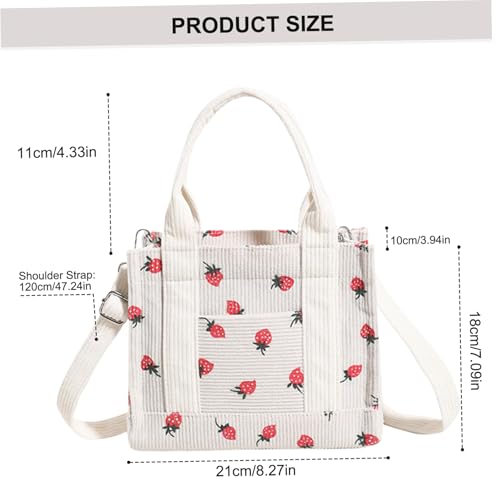 Bolso tote de pana de 8,27 x 7 pulgadas, bolso pequeño con diseño de fresa, con correa ajustable para hombro, bolso cruzado con cremallera para mujer miniatura 4