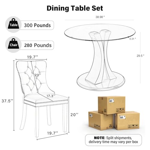 Image of 5-Piece Dining Table Set with 39In Tempered Glass Table and 4 Velvet Upholstered Chairs, Modern Scandinavian Furniture for Dining Room Kitchen(Green)