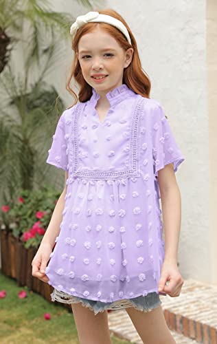 Girls Cute Dot Chiffon Blouses Short Sleeve V Neck Loose Shirts Soft Casual Summer Tops #TOP1