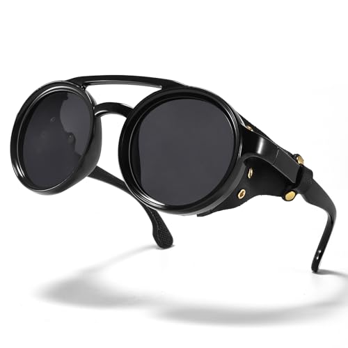 Polarized Round Steampunk Sunglasses with Leather Side Double Bridge Shield Retro Eyewear for Men Women4