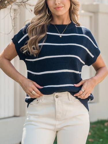 CUPSHE Womens Knit Short Sleeve Sweater Striped Crew Neck Cap Sleeve Top Casual Pullover Tops4