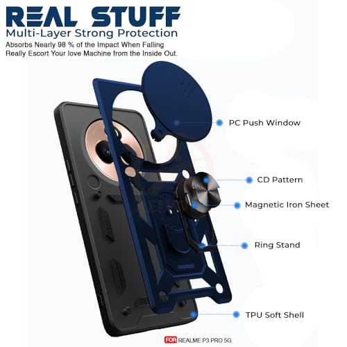 Image of Armor Bumper Back Cover Case for Realme P3 Pro 5G Rotating Camera Cover, Ring Holder & Kickstand | Heavy Duty & 360 Degree Protection Realme P3 Pro 5G Back Cover (Blue)