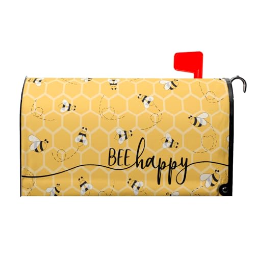 Image of Spring Bee Happy Mailbox Cover Magnetic 21x18 Inch Summer Yellow Honeycomb Decorative Waterproof Mailbox Wrap Farmhouse Letter Post Cover Standard Size for Garden Yard Outside