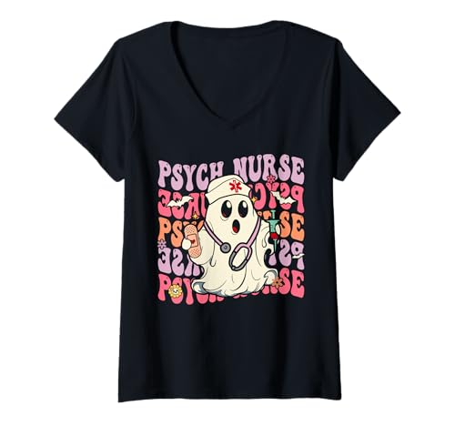 Damen Retro Psych Nurse Groovy Halloween Psychiatrische Krankenschwester T-Shirt mit V-Ausschnitt