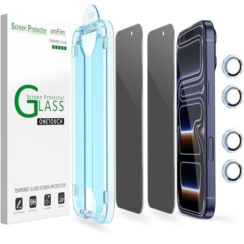 Image of amFilm OneTouch for iPhone 17 Pro Max Privacy Screen Protector 6.9'' 2025 | 30s Auto-Alignment, Bubble Free, Tempered Glass, 28 Anti Spy, Shatterproof, Camera Lens Protector 2+4 Pack (17P-6.9'')