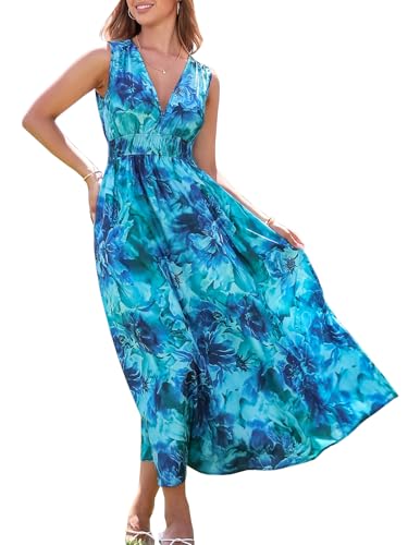 womens summer sleeveless v neck boho long dress floral print midi sundress