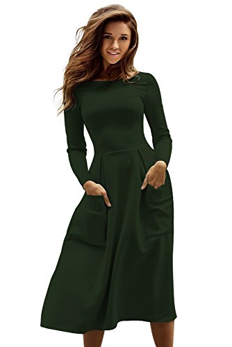 Preisvergleich Produktbild MASHIKOU Damen Winter Beiläufiges Bateau Kragen Vollhülse Skater Kleider Elegant Party Abendkleid Cocktailkleid mit Großes Taschen (S, Olive)