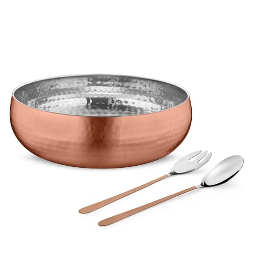 Avador SALAD-BOWL ® Set Of 3 Premium Stainless Steel Salad Mixing Bowl Hammered Finish | Handmade | Includes Salad Serving Utensils  cover