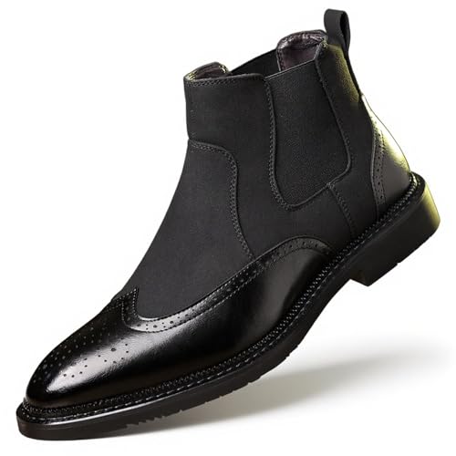 GHIBHNA Men'S Brogue Wingtip Chelsea Ankle Boots Retro Pointed Low Chunky Heel Slip-On Business Work Dress Boots Fashion Leather Casual Ankle Boots (black,8.5)