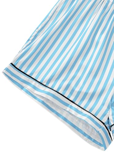 Image of Remidoo Women's Silk Satin Pajama Set Striped Button Up Pjs Short Sleeve Loungewear Blue Large