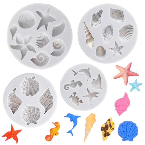 Moldes oceânicos, 4 peças moldes de silicone com formas de estrela do mar conchas e conchas para fazer chocolate Fondant e substituição decoração oceânica 3D para bolos DIY para adultos e crianças