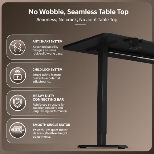 Image of Velocity Electric Height Adjustable Desk | No Split No Cut | 80 Kg Weight Capacity | 5 Year Warranty | Sit-Stand Table | 18mm One Piece Desk | 3 Memory Preset (Matt Black, Table top - 140cm)