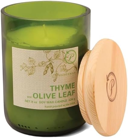 Paddywax Eco Collection Scented Soy Wax Candle in Glass Jar, Thyme & Olive Leaf Fragrance, Green Vessel with Wood Lid, 8 oz - Thumbnail 3