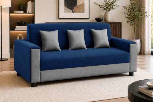 Image of Modern 3 Seater Sofa | Contemporary Upholstered Couch | Premium Cushioned Seating | Stylish Armrest Design | Comfortable Sofa for Living Room, Bedroom & Office - Blue + Grey Color