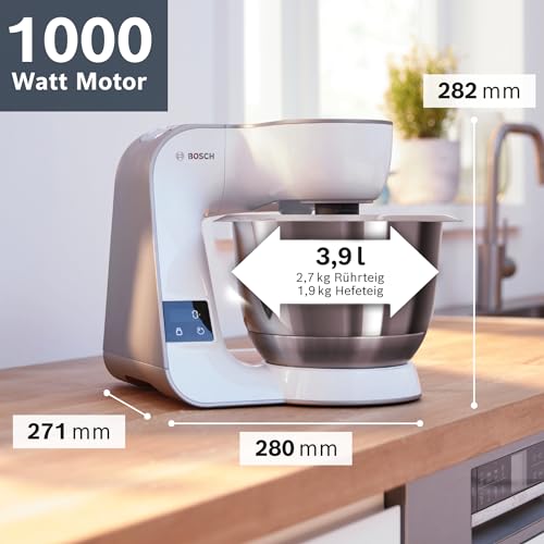Bosch Küchenmaschine Serie 4, integrierte Waage, Mixer 1,25 L, Edelstahl-Schüssel 3,9 L, Profi-Knethaken, Schnee-, Silikonbesen, Durchlaufschnitzler, 4 Scheiben, 1000 W, weiß, MUM5XW20