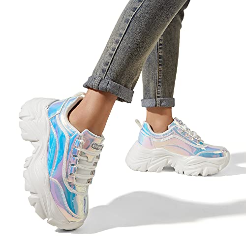 Image of K KIP WOK Chunky Sneakers for Women Fashion Platform White Leather Casual Dad Shoes Comfortable Wedge Walking Sport Sneakers
