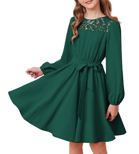GRACE KARIN Girls Fall Dress Christmas Dresses Long Sleeve Midi Princess Casual Holiday Party Birthday Elegant Formal Winter with Lace for Kids Green Size 10-12