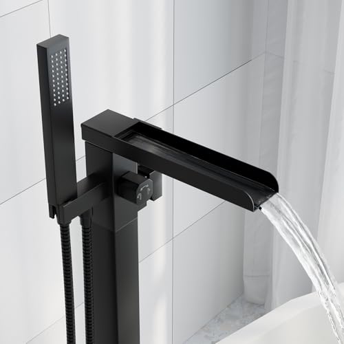 HAWKROWN Freestanding Bathtub Faucet, Floor Mount Bathtub Faucet with 2 Water Outlet Modes, Swivel Gooseneck Spout with Hand Shower,Single Handle, Max Flow Rate 7.4 GPM (Waterfall-Black)